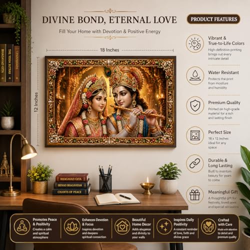 Image of Rangoli Radha Krishna Self Adhesive Poster 18x12 Inch | Divine Hindu God Wall Sticker Poster for Home Temple Pooja Room Living Room Bedroom Decor | Spiritual Devotional Wall Art