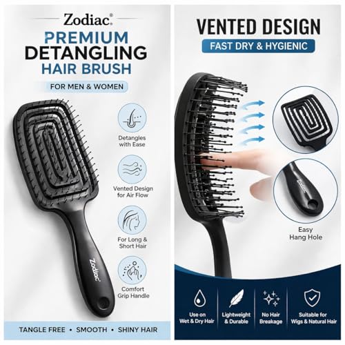 Image of Zodiac Vented Detangling Hair Brush for Women & Men | Anti-Tangle Flexible Bristles | Wet & Dry Use | Styling Comb