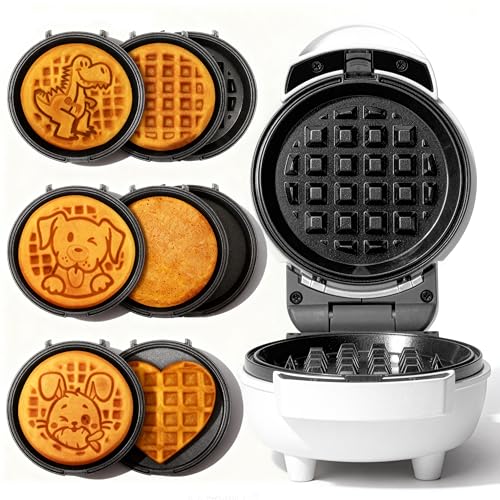 SugarWhisk 6-in-1 Mini Waffle Maker With Removable Plates 4.5 Mini Waffle Iron for Holiday Halloween & Christmas Waffle Maker Machine Premium Ceramic Coating 8 Detchable Plates White