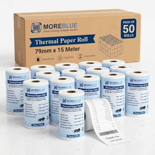 Image of MOREBLUE Pack of 500 Thermal Paper Rolls, 79mm x 15m POS White Paper Rolls, Smooth Print Billing Paper for Credit Card Machine, POS Printer, Petrol Pump Billing