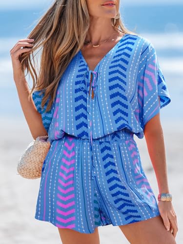 Image of CUPSHE Womens Summer Romper Short Sleeve Plunge V Front Tie Wide Leg Jumpsuit Elastic Waist Beach Workout Romper Outfits