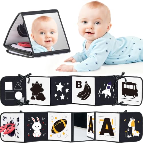 Image of Infinno High Contrast Baby Book, Black and White, Tummy Time Mirror Toy | Newborn visual stimulation 0-6 months, Montessori sensory play, soft crinkle pages, folds flat, ties to crib and stroller
