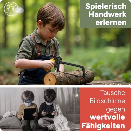 Eli® Kindersäge ab 6 Jahre inkl. 4 Sägeblätter für Holz und Metall- echte Bügelsäge zum Basteln – werkeln – reparieren für alle Baumeister und Bauarbeiter - Säge für Kinder
