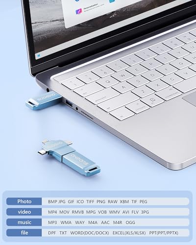 Image of MFi Certified Photo Stick USB Flash Drive for iPhone, 4 in 1 External Memory Thumb Drive for Picture Video Saver and Backup (Sky Blue, 256GB)