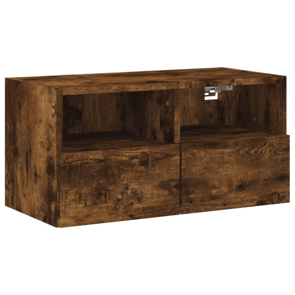 Fengshui Mobile da parete per TV, in legno di rovere affumicato, 60 x 30 x 30 cm | 2 ripiani, 2 scomparti dietro la porta, montaggio a parete, spazio per libri e DVD