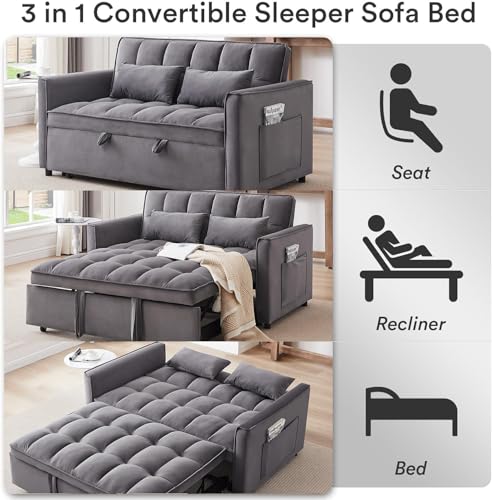 SPOWAY 3 in 1 Sleeper Sofa Couch Bed, Velvet Convertible Sofa Bed with Armrests, Storage Pockets & 2 Pillows for Living Room Apartment Bedroom Office, Dark Grey - Thumbnail 6