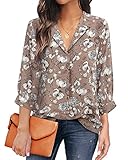 Unixseque Women Work Blouses,Ladies Tops 3/4 Sleeve Elegant Chiffon V Neck Blouses Pleated Fits Rela