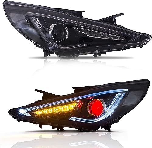 VLAND Headlights Fit for 2011-2014 Hyundai Sonata(NOT for Models without Adjusting Motor), Front light with Sequential Turn Signal, Headlamp with Demon Eyes