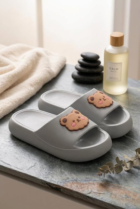 Image of Wolvesden Cute Bear Womens Slip-On Slides | Lightweight & Super-Soft EVA Flip Flops | Daily Wear Slippers For Girls | For Everyday, Casual and Lounge Wear & Outings