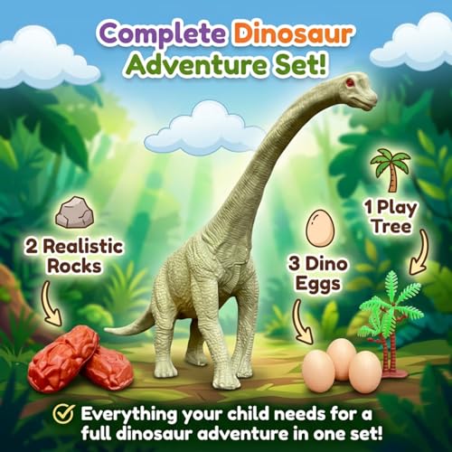 Image of ZESTHOME Big Brachiosaurus Dinosaur Toy for Kids - Realistic Large Dino Figure with Rocks & Tree | BPA-Free Non-Toxic PVC Jurassic Animal Playset for Learning (Age 3+)