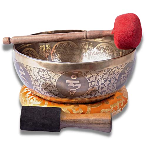 Bol chantant tibétain sculpté main 22,9 cm en 7 métaux pour bain sonore