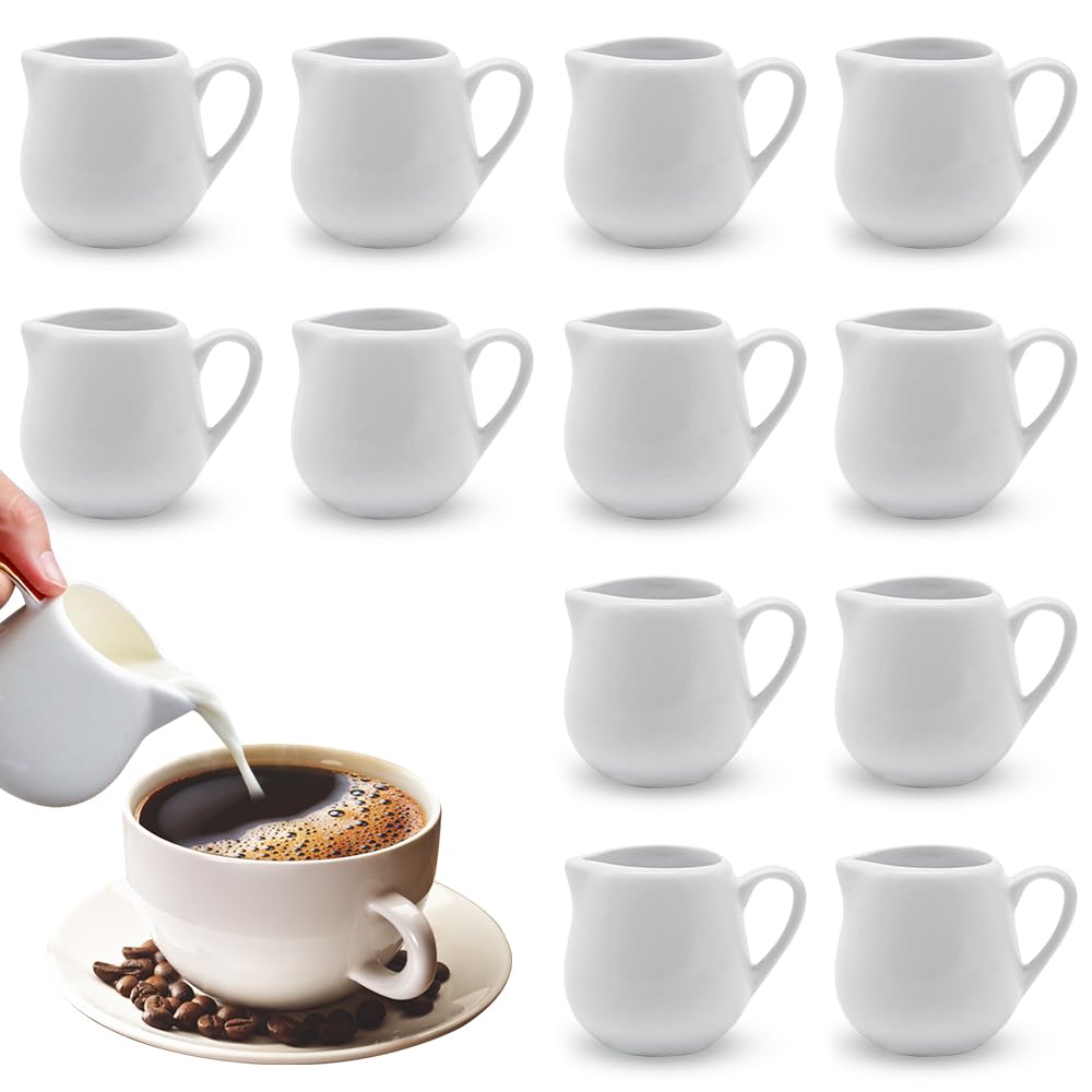 Foreverup 12 piccole brocche per il latte, 50 ml, in ceramica bianca, piccola brocca per sugo con manico, mini brocche riutilizzabili per lattiera, salse, zuccheriera, sciroppo, per caffè, tè, salsa