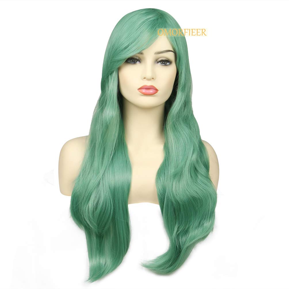 OMORFIEERWomens Long Curly Heat Resistant Wavy Cosplay Wig (Mint Green)