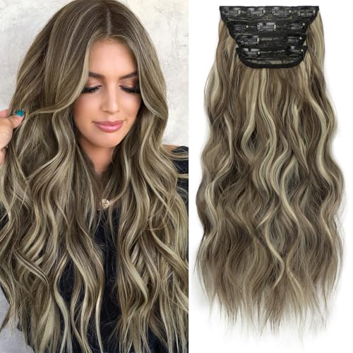 Image of KooKaStyle Wavy Thick Clip in Hair Extensions 20 inch Medium Brown Ash Blonde | 4 Pieces Clip in Extensions,Fiber Double Weft Hairpieces,Natural Volume,Highlight Wave Long Synthetic Hairpieces for Women