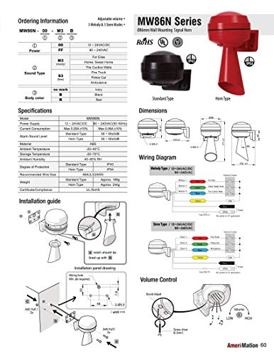 MW86N-00-S3B, Signal Horn, Wall Mounting, Adjustable Sound, 3 Sirens, 12-24V DC, Black Body
