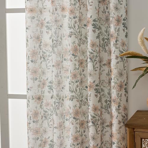 Image of SUOUO Vintage Floral Semi Sheer Curtains Linen Textured for Living Room 84 inches Long Rod Pocket Light Filtering Window Drapes for Dining Bedroom 2 Panels