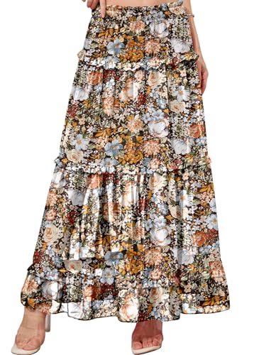 CYiNu Women's Long Skirt Chiffon Elastic High Waist Floral Swing Boho Maxi Skirts