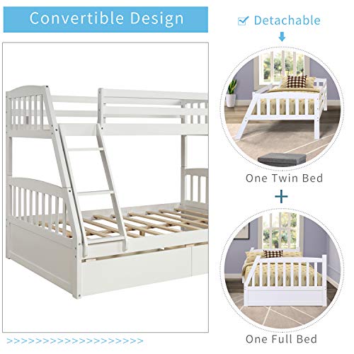Merax Solid Wood Twin Over Full Bunk Bed with Two Storage Drawers and Removable Ladder, White