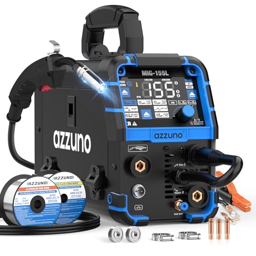 AZZUNO Aluminum MIG Welder 155A 110V/220V, 5 in 1 Welding Machine with Gas MAG/Aluminum MIG/Gasless Flux Core MIG/Stick/Lift TIG Welding, Multiprocess Wire Feed Welder Machine(Black)