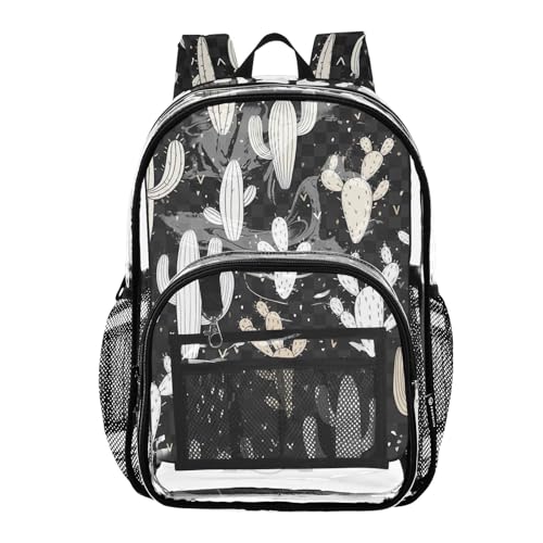 Women Clear Backpack Cute Cacti White Beige Plaid Black Girls Backpack Kids Boys See through Approved Bag