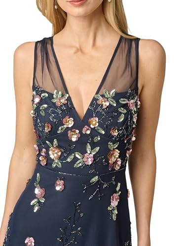 Image of Adrianna Papell Women's Floral Beaded Knee Length Dress with Sheer Neckline