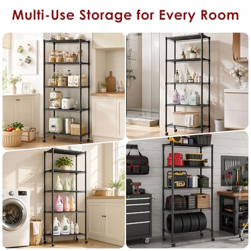 Image of Simple Deluxe 5-Tier Heavy Duty Adjustable Shelf with Wheels, 23.23 inchW x 13.39 inchD x 59.45 inchH,Metal Storage Rack, Easy Tool-Free Assembly for Garage, Warehouse, Basement, Laundry, Black