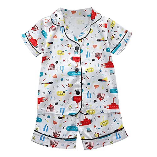 Little Baby Boy Girl Silk 𝐏ajamas 2 Piece Button Down Short Sleeve Tops Satin 𝐏js Cute Truck Cartoon Loung𝐞wear Set