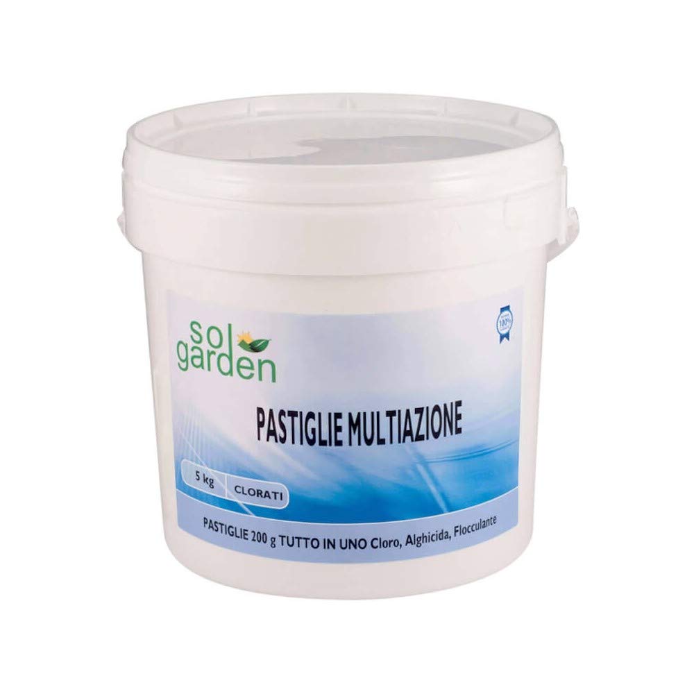 5 KG PASTIGLIE CLORO 200GR MULTIAZIONE TRICLORO 90% DISSOLUZIONE LENTO DISSOLVIMENTO TRATTAMENTO ACQUA PISCINA