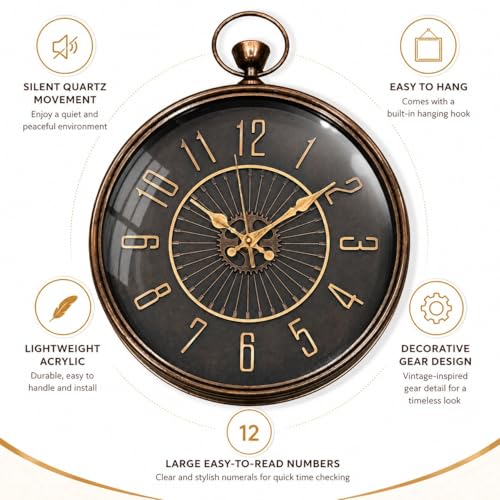 Image of ARMONIA Vintage Industrial Wall Clock 14.9 inches | Premium Acrylic Analog Clock | Dual Tone Antique Finish | Silent Quartz | Modern Home & Office Decor
