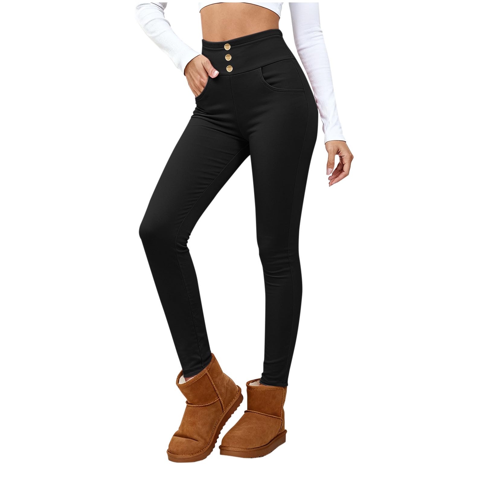 Women High Waist Stretch Skinny Pants Button Fleece Lined High Rise Pant Casual Dressy Work Leggings with Pockets