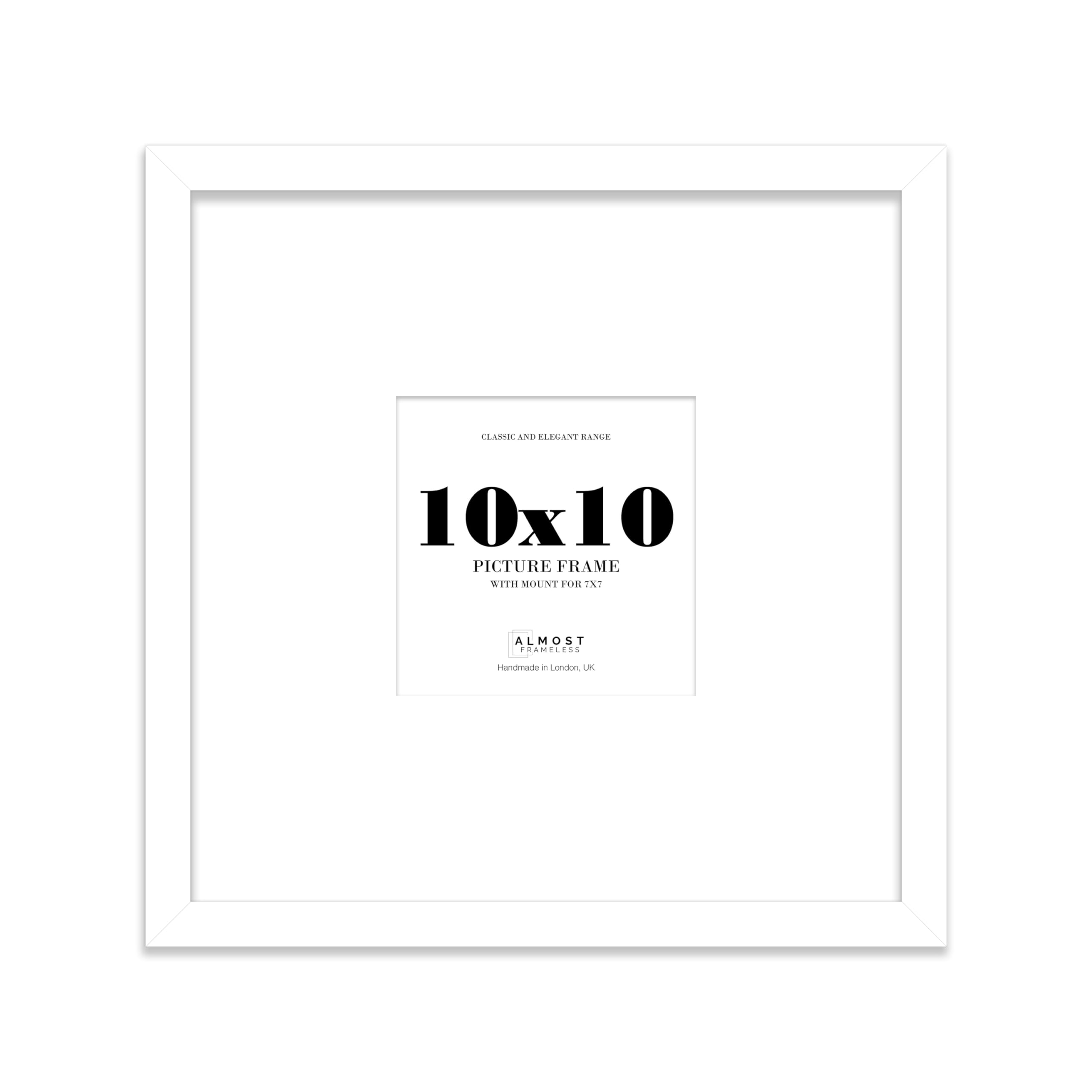 Almost Frameless 10x10 Square Picture Frame, Display Pictures 7x7 With Mat or 10x10 Without Mat, Wall Hanging & Free Standing Photo Frame, White, 1 Pack