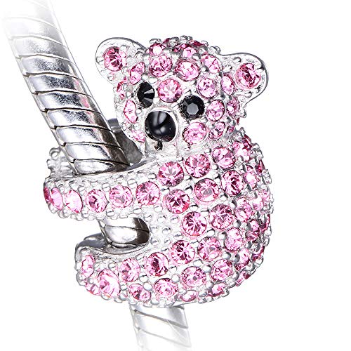 Abalorio de plata de ley 925 auténtica con diseño de koala y cristales rosas