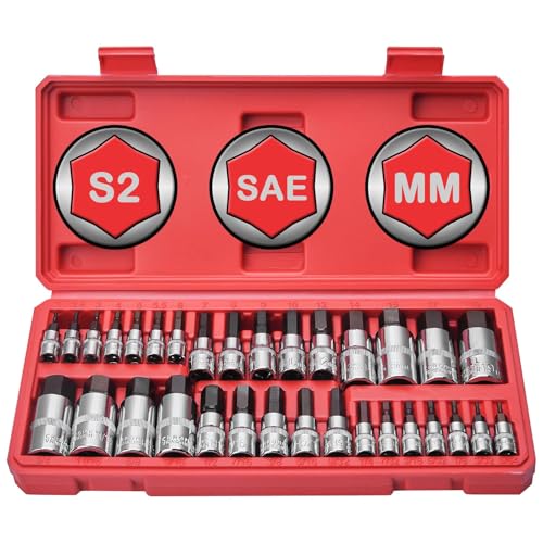 Master Hex Bit Socket Set 32-Pcs Allen Socket Set 1/4 3/8& 1/2 Hex Drive Sockets SAE & Metric S2 Alloy Steel Combine with Cr-V 5/64 to 3/4 2mm to 19mm