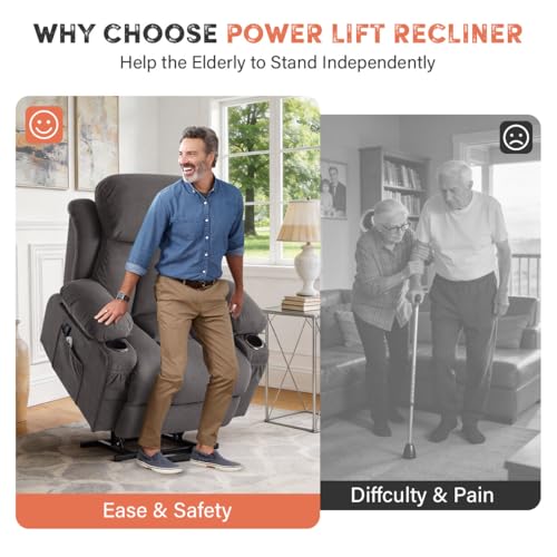 Image of BOSMILLER Power Lift Recliner Chair with Massage and Heat for Elderly, Electric Recliner Single Sofa with Two Cup Holders, Extended Footrest, Side Pocket and USB Charge Port for Living Room