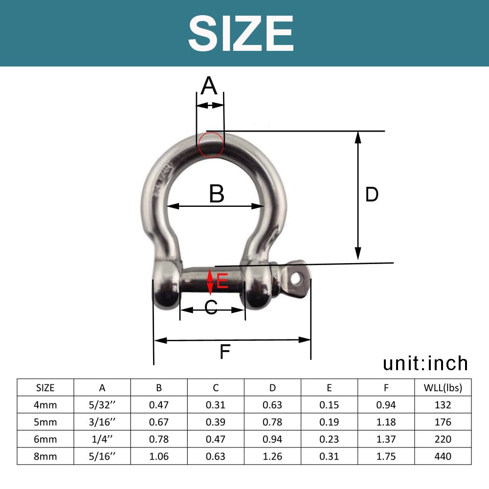 Ayunwei Bow Shackles,304 Stainless Steel Marine Shackles, Heavy Duty D Ring Shackle, Anchor Shackle Screw Shackles for Lifting, Braclets, Jeeps and Boats