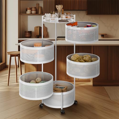 Image of Amazon Brand - Solimo 360 Revolving Preassembled Portable 5 Layer Round Multipurpose Storage Kitchen Rack Carbon Steel Fruit Vegetable & Spice Trolley with Wheels for Kitchen Organizer(Matte, White)