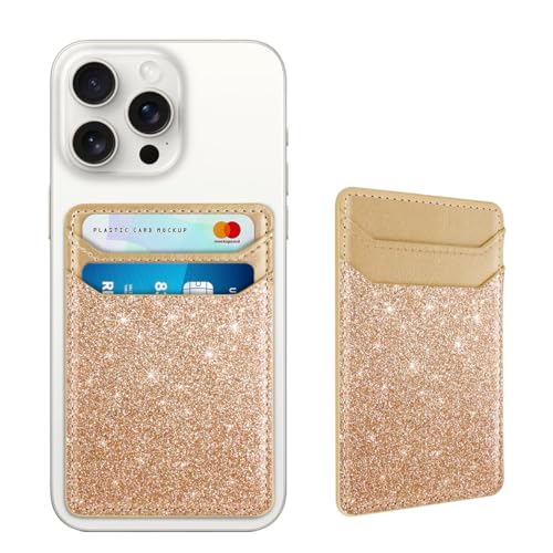 Image of Self Adhesive Card Holders for Back of Phone, Leather RFID Phone Wallet Pockets Stick On, Credit Card Holders Sleeve for Phone Case Compatible with Most of Smartphones, Glitter Gold