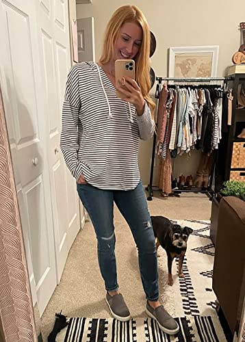 Kirundo 2023 Spring Summer Women's Deep V Neck Hoodie Long Sleeve Solid Color Drawstring Sweatshirt Loose Tops Blouses(Medium, Stripe-White) #TOP2