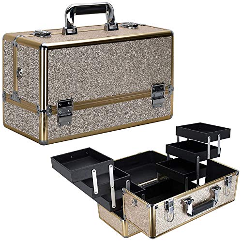 Ver Beauty Professional Makeup Organizer, Heavy Duty Makeup Artist Travel Case with 6 Accordion Trays and 2 Brush Holders, Champagne Glitter (VP001-511)
