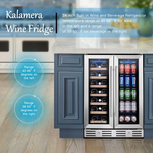 Image of Kalamera Wine and Beverage Refrigerator, 24 inch Wine Fridge Dual Zone Hold 20 Bottles and 78 Cans, Digital Touch Control, Built-In or Freestanding