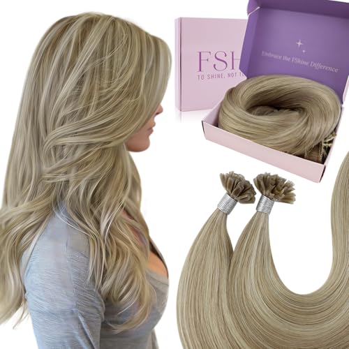 Fshine Queratina Bonding Extensions de Cabello 35CM 50g Color 16 Rubio Dorado Resaltado con 22 Rubio Claro Humano Cabello Extensiones U Tips Queratina Cabello Natural Color 16P22