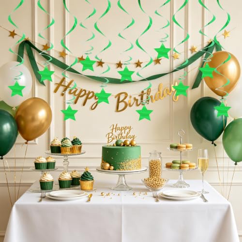 Image of BEISHIDA Green Star Hanging Swirl Decorations,Hanging Gold Party Supplies for Graduation Wedding Baby Shower Decorations,Pack of 15