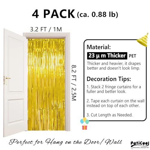 Image of Graduation Decorations Thicken Gold Tinsel Backdrop 4 Pack 13.2x8.2 FT, Foil Fringe Curtains for Wall Decor, Gold Streamers for Birthday, Prom, Hollywood, Anniversary Party Decorations