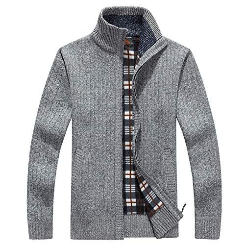 LONGBIDA Men's Casual Slim Full Zip Thick Knitted Cardigan Sweaters with Pockets(Light Grey,Large)