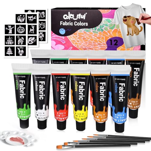 Colorful Fabric Paint Set for Clothes 12 Colors - Permanent Textile Paint Kit for Shoes, Canvas - Non-Toxic Slick Painting Set for Adults, Beginner & Artists