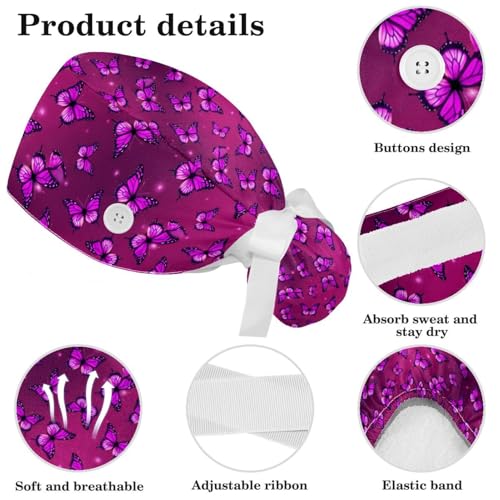Image of Colored Butterflies Scrub Caps Women Ponytail, Adjustable Bouffant Surgical Caps with Button, Nurse Hats Long Hair