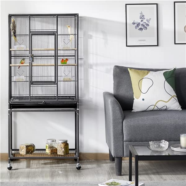 Abician Grande Cage à Oiseaux sur Pied en Métal, Cage d'élevage à roulettes avec Loquet Robuste, Étagère de Rangement, 136cm de Haut, Petits Oiseaux Noir