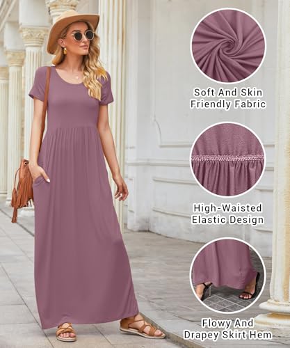 Image of EUOVMY Women's Short Sleeve Loose Plain Maxi Dresses Casual Vacation Long Dresses with Pockets