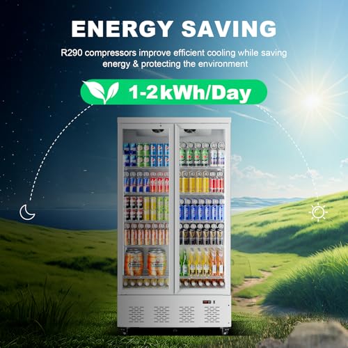 Image of 41.4''W White Commercial Refrigerators, 30.5 Cu.Ft 2 Glass Door Commercial Beverage Refrigerators Upright Display Cooler with LED Light and 10 Adjustable Shelves for Restaurant Stores