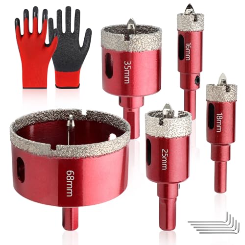 SneiDr Scie Cloche Diamantée Set 5pcs 16 18 25 35 68mm Foret Diamant Carrelage avec Foret de Centrage Tige Triangulaire 9.8mm 5 Clés Allen et Gants de...